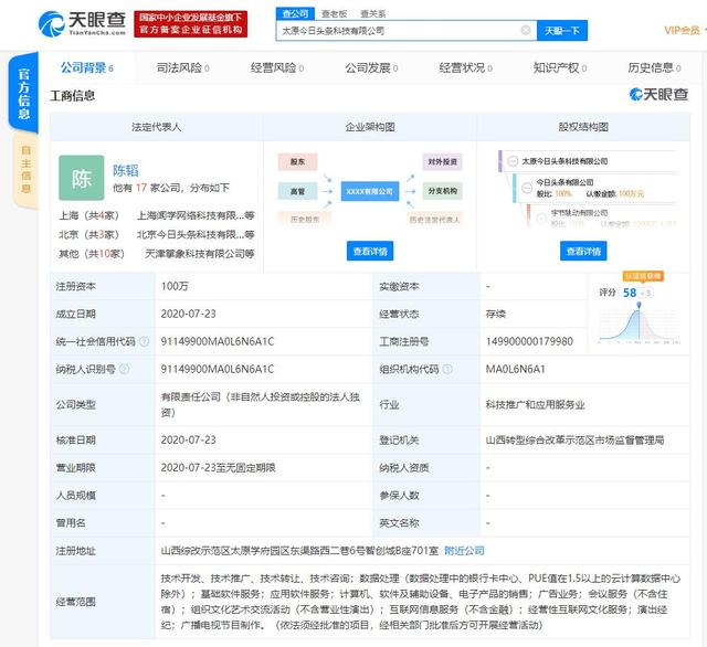 今日頭條在太原成立新公司,注冊地位于山西綜改示范區(qū)